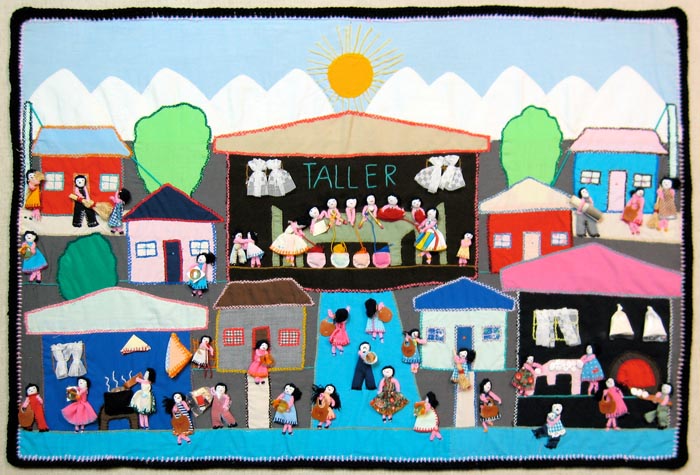 Women are bringing odds and ends to add to the arpilleras. They may bring scraps of material, thread, pieces of leather, plastic, hay, paper, and other odds and ends all used to make the pieces three dimentional. "Taller" = Arpillera workshop