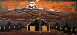 Unknown artist, Heart Mountain, Wyoming, bas-relief carved and painted wood panel. Japanese American Museum of San Jose (California). Reprinted with permission from The Art of Gaman: Arts and Crafts from the Japanese American Internment Camps 1942-1946. Copyright © 2005 by Delphine Hirasuna, Ten Speed Press, Berkeley, CA. Photo Credit: Terry Heffernan.