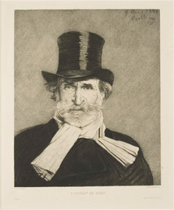 Caption from Musical Prints: Paul Lafond (1847-1918), Portrait of Giuseppe Verdi (1813-1901), etching, 1890, after Giovanni Boldini 