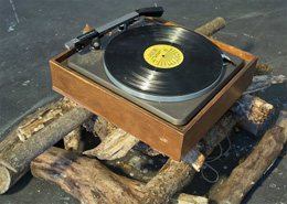 Katie Mansfield, The Good Old Days, wood, turntable, Johnny Cash record, Dimensions Variable