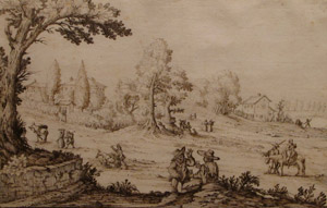Ercole Bazzicaluva, Tuscan Road with Travelers, pen & brown in over laid paper, ca. 1635. Gift of The Friends of the Museum. 