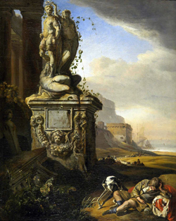 Jan Weenix, Dutch (1642-1719), Italianate Landscape with Sleeping Youth and Sculpture, ca. 1660/65. Oil on canvas. Museum Purchase for the Louise Crombie Beach Memorial Collection, 2007.10