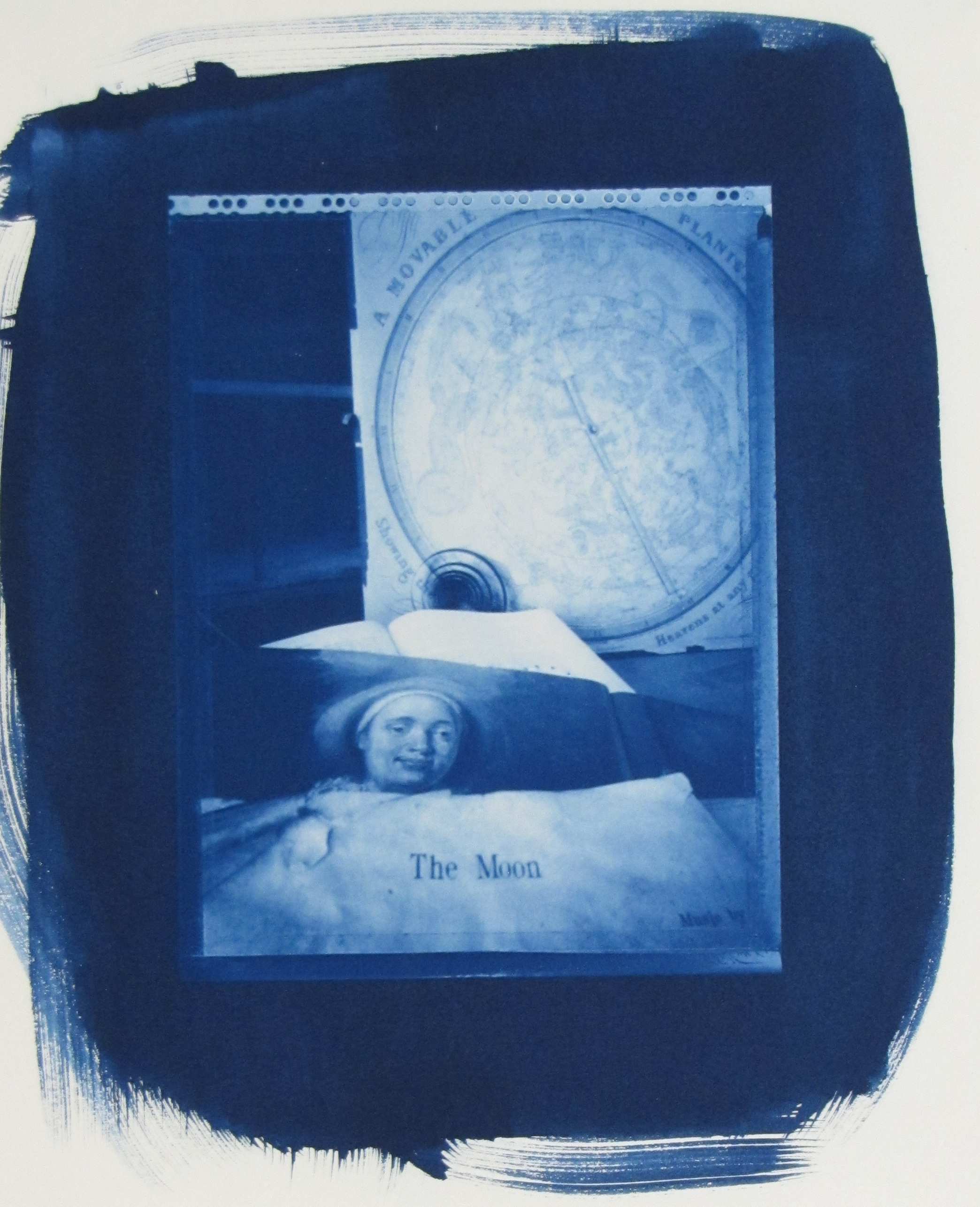 Jesseca Ferguson  (American, b. 1949).   The Moon, 1999 Collage with pinhole ware cyanotype print, Collection of The William Benton Museum of Art