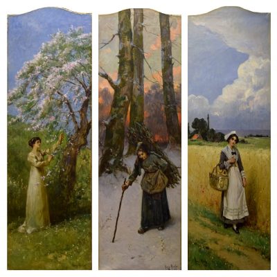 Henry Mosler, Spring, 1909, Oil on Shaped canvas, Henry Mosler, Summer, 1909, Oil on Shaped canvas, Henry Mosler, Winter, 1909, Oil on Shaped canvas 