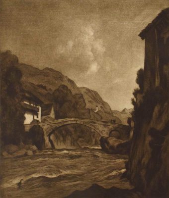John Henry Hill, River and Bridge (1881), Gift of Dr. and Mrs. Norman Zlotsky, William Benton Museum of Art. 