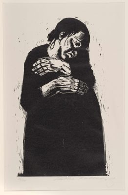 Work by Käthe Kollwitz titled "Die Witwe I [The Widow I]", from Krieg [War] (1922-23). Woodcut.