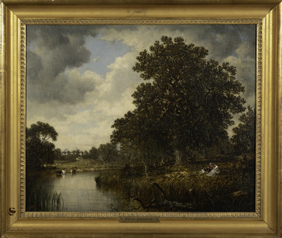 A pastoral landscape with a water at left and large tree at right.