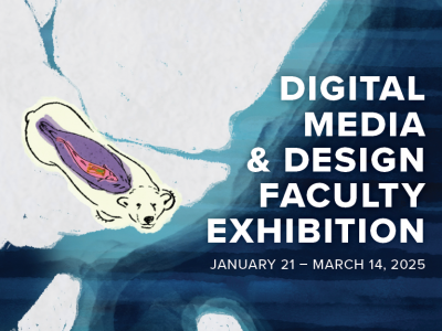 Polar bear on top of ice looking towards the camera with the caption "Digital Media & Design Faculty Exhibition".