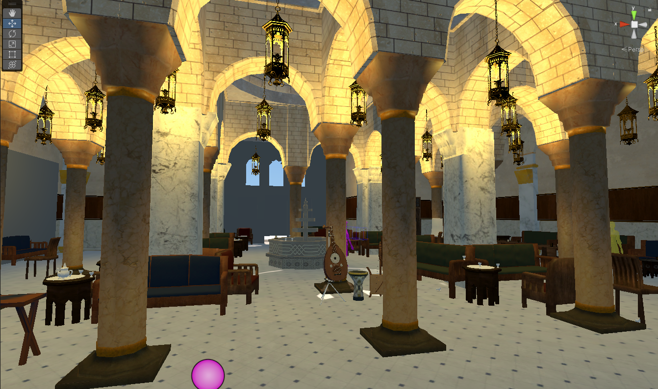 A screen shot of a game in development set inside a dimly lit marble interior. 