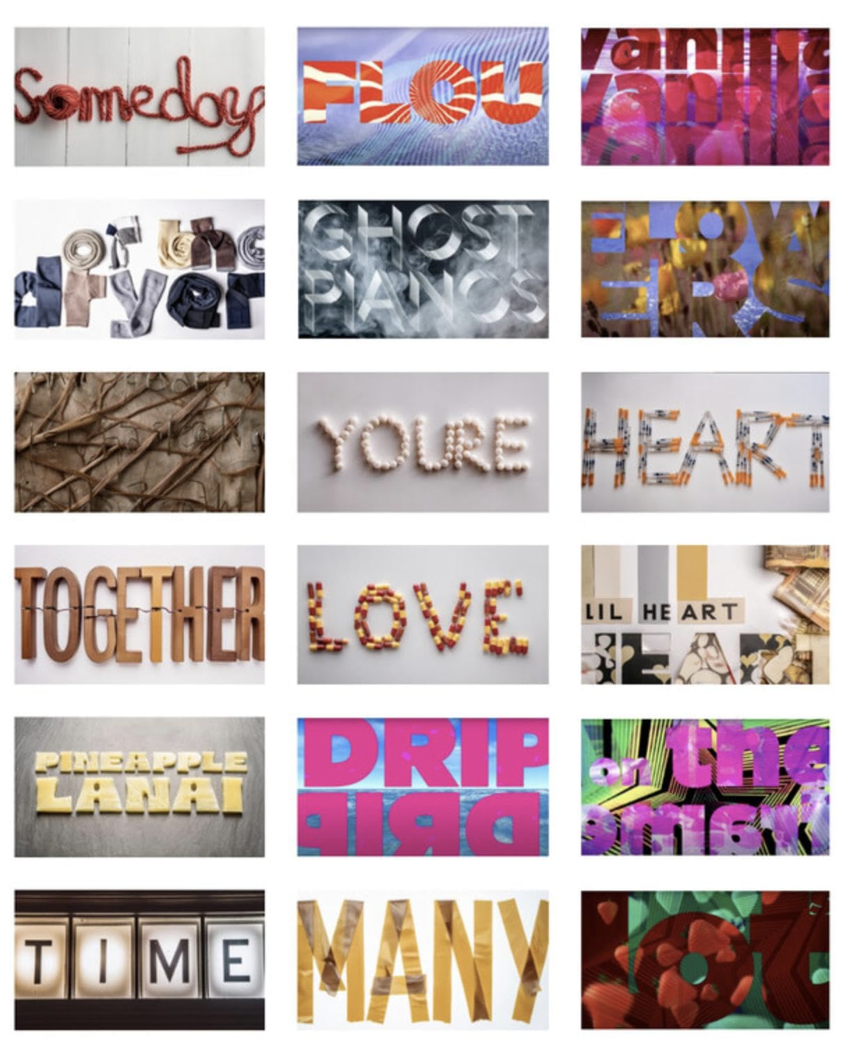 A series of word art pieces that use a variety of different mediums.